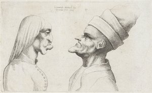 Cabezas deformadas de una mujer con pelo liso y de un hombre con sombrero de doble ala
Varie figurae et probae (título de la serie)
Caricaturas, cabezas y deformidades según Leonardo da Vinci (título de la serie) de Wenceslaus Hollar