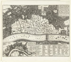 Mapa de Londres después del Gran Incendio de 1666 Un mapa o plano de la ciudad de Londres y los suburbios (...) (título sobre el objeto)