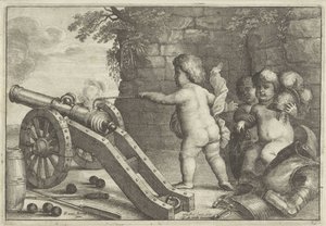 Putti disparando cañones: El elemento del Fuego Los cuatro elementos (título de la serie) de Wenceslaus Hollar
