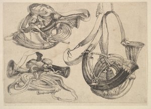 Siete cuernos de caza en tres agrupaciones, 1625-77 de Wenceslaus Hollar