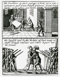 Soldados destruyen imágenes religiosas en una iglesia; soldados ingleses y escoceses se abrazan de Wenceslaus Hollar
