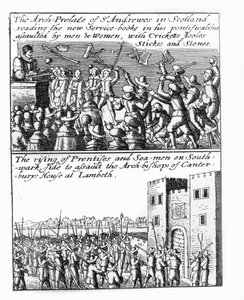 El Arzobispo de St Andrews predicando en Escocia; levantamiento de aprendices y marineros en Lambeth Palace de Wenceslaus Hollar