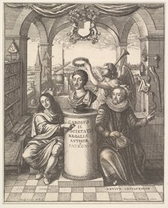 La Real Sociedad, frontispicio de Thomas Sprat, La Historia de la Real Sociedad de Londres de Wenceslaus Hollar