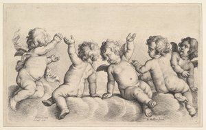 Tres querubines y dos niños en las nubes, 1620-77 de Wenceslaus Hollar