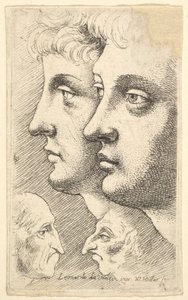 Dos jóvenes de perfil a la izquierda con dos cabezas grotescas enfrentadas abajo, 1625-77 de Wenceslaus Hollar