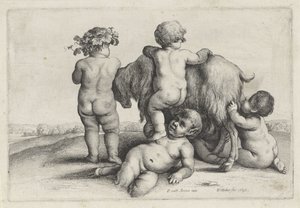 Cuatro niños, un sátiro y una cabra
Putti y sátiros (título de la serie) de Wenceslaus Hollar
