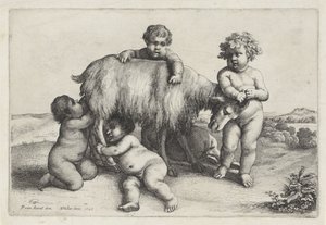 Cuatro niños, un sátiro y una cabra de pie a la derecha
Putti y sátiros (título de la serie) de Wenceslaus Hollar