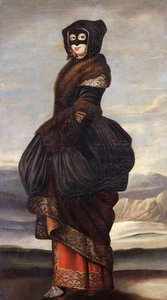 Invierno: Una dama, de cuerpo entero, en traje exótico, con máscara, en un paisaje de Wenceslaus Hollar