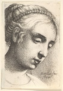 Mujer con una cadena de perlas en el cabello mirando hacia abajo a la derecha de Wenceslaus Hollar