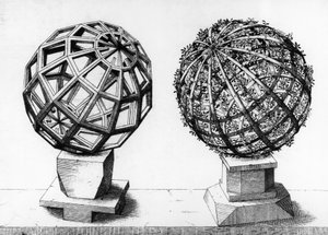 Ilustración en perspectiva, dos esferas, grabado de Perspectiva Corporum Regularium, de Wentzel Jamnitzer (1508-1585), Nuremberg. de Wenzel I Jamnitzer