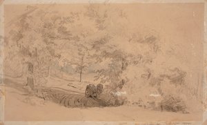 Paisaje forestal con caballo y carro ; Paisaje forestal, hombre pescando en un puente sobre un arroyo (obra de doble cara) de Werner Holmberg