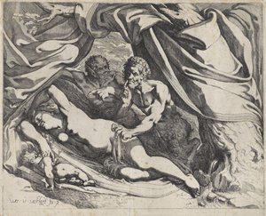 Venus durmiente observada por sátiros de Werner van den Valckert