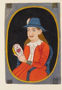 Mujer europea, probablemente holandesa, sosteniendo una caja esmaltada de West Indian School