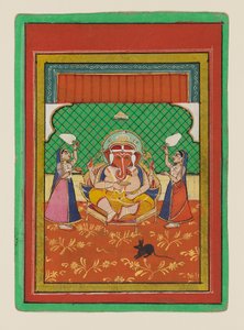 Ganesha sentado con acompañantes, finales del siglo XIX-principios del XX (gouache sobre papel)