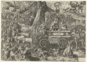 De triunfowagen van de vrede, 1577 Dibujo de una paz triunfante (título sobre objeto) de Wierix