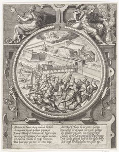 Las tropas de Bourse expulsan a los soldados alemanes de Treslong y Merville de la ciudadela, 1577 Medallones con la captura de la ciudadela de Amberes en 1577 (título de la serie) de Wierix