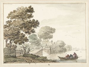 Paisaje con un puente de madera y árboles a lo largo de un canal