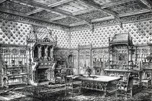Diseño para un comedor gótico, publicado en The House-Furnisher & Decorator, 1 de septiembre de 1872 de Wilberforce Haddon