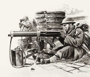 Ametrallador británico esperando a los alemanes a las afueras de Dunkerque (gouache sobre papel) de Wilf (20th century) Hardy