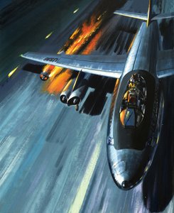 Nightmare in a Blazing Bomber, ilustración de "Men and Machines" (Hombres y máquinas) de Wilf (20th century) Hardy