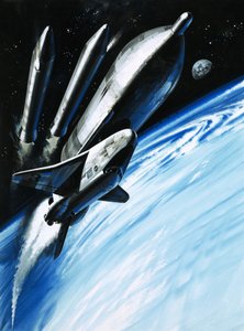 El transbordador espacial en el momento de desprenderse de dos de sus motores cohete. de Wilf (20th century) Hardy