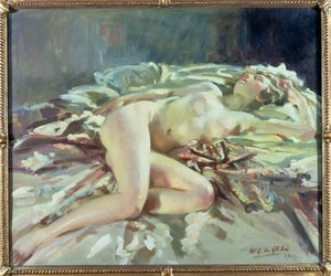 Desnudo femenino recostado en una cama