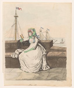 Mujer leyendo en un muelle, barcos de vela en el fondo