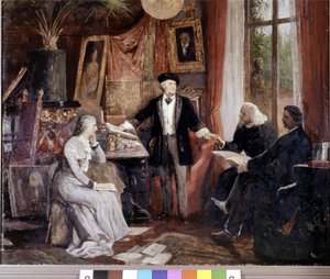 De izquierda a derecha: Cosima Wagner, Richard Wagner, Franz Liszt y Walsogen en la Villa Wahfried en Bayreuth. Pintura de Beckmann de Wilhelm Beckmann