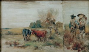 Doble imagen: Vacas en el prado, dos campesinos conversando de Wilhelm Busch