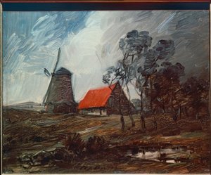 Paisaje otoñal con molino de viento y casa roja de Wilhelm Busch