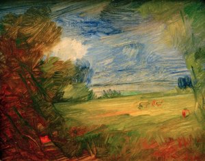 Paisaje de praderas onduladas con figura roja de Wilhelm Busch