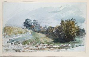 Camino entre un campo de trigo y arbustos con cabañas al fondo de Wilhelm Busch