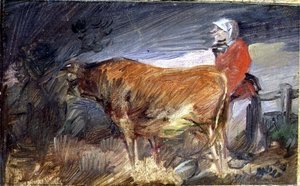 Mujer y una vaca en un paisaje de Wilhelm Busch