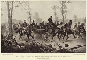 El emperador Napoleón escoltado al rey Guillermo por el príncipe Bismarck la mañana después de la batalla de Sedán