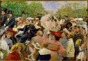 El alcalde de Viena, Karl Lueger, montado en su carruaje durante el corso de flores en el Prater de Viena en ...