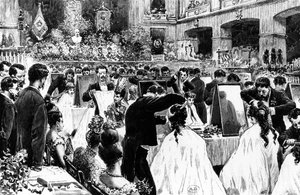 Demostración de peinados por la Asociación Alemana de Peluqueros en la Casa de Conciertos de Berlín, 1887 de Wilhelm Geissler