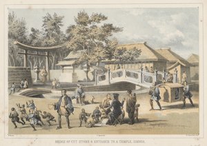 Puente de piedra cortada y entrada a un templo, Simoda, 1855 de Wilhelm Joseph Heine