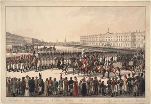 Revisión de la infantería rusa en la Plaza del Palacio en San Petersburgo, 1809-1813 de Wilhelm Kobell Ritter von