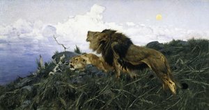 Leones al anochecer de Wilhelm Kuhnert