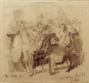 Boceto para "La sociedad de la mesa" con violonchelista de Wilhelm Maria Hubertus Leibl