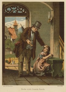 Padre consolando a su hija después de que ella sufriera las consecuencias de burlarse de un perro (litografia de color) de Wilhelm Ludwig Heinrich Claudius