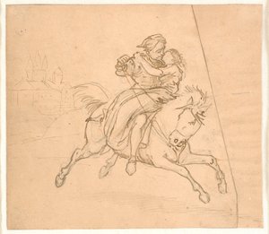 El rapto. Pareja a caballo, castillo o fortaleza en el fondo de Wilhelm Marstrand