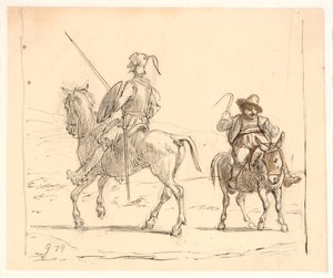 Don Quijote cabalga hacia la izquierda, Sancho Panza hacia la derecha