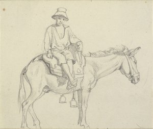 Niño sentado de lado en un burro