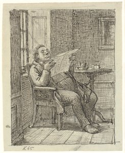 Un hombre gordo leyendo el periódico con su café
