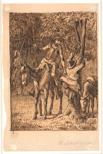 Antes de la lucha con el caballero del espejo, Don Quijote ayuda a Sancho Panza a subir a un árbol de Wilhelm Marstrand
