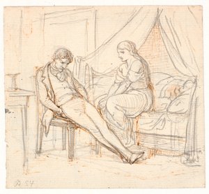 Interior con joven melancólico y una niña en una cama de Wilhelm Marstrand