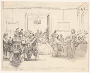 Escena social de Copenhague, a la izquierda jugadores de cartas, a la derecha músicos de Wilhelm Marstrand