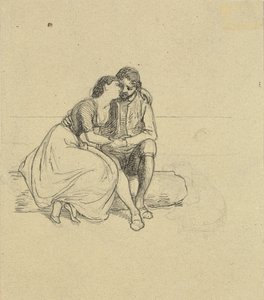 Pareja en trajes nacionales sentados en un tronco de Wilhelm Marstrand