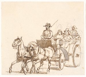 Landauer. Cochero con sombrero triangular, nobleza y sirviente de Wilhelm Marstrand